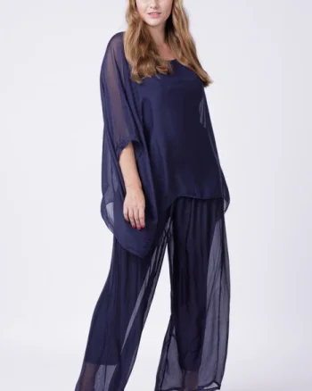Pantaloni bleumarin, drepti, cu dublura, din matase si vascoza