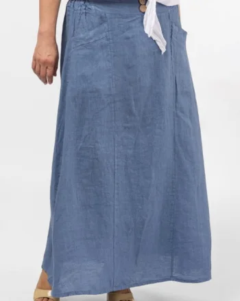 Fusta lunga din in, cu doi nasturi de lemn pe talie, albastru jeans