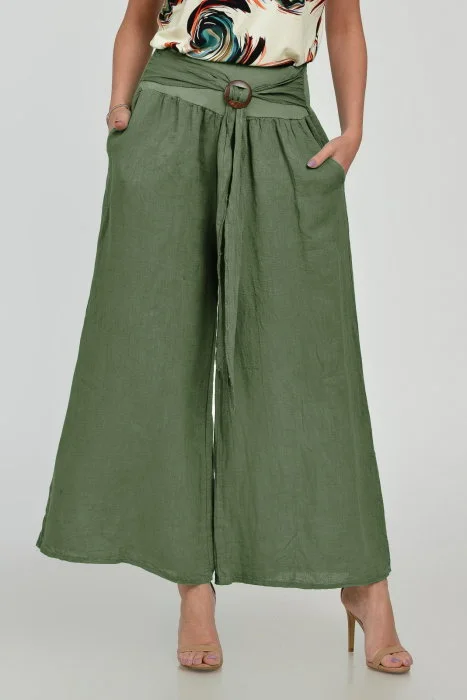 Pantaloni drepi, largi, de vara, din in, cu accesoriu de lemn, kaki