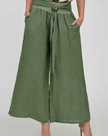 Pantaloni drepi, largi, de vara, din in, cu accesoriu de lemn, kaki
