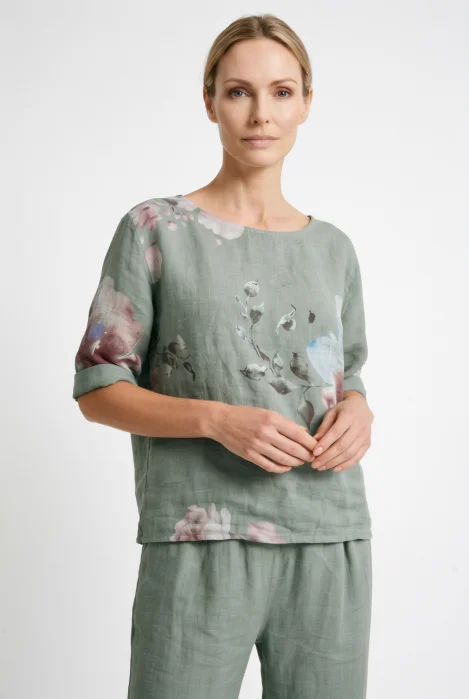 Bluza din in cu imprimeu floral si croi scurt lejer, kaki