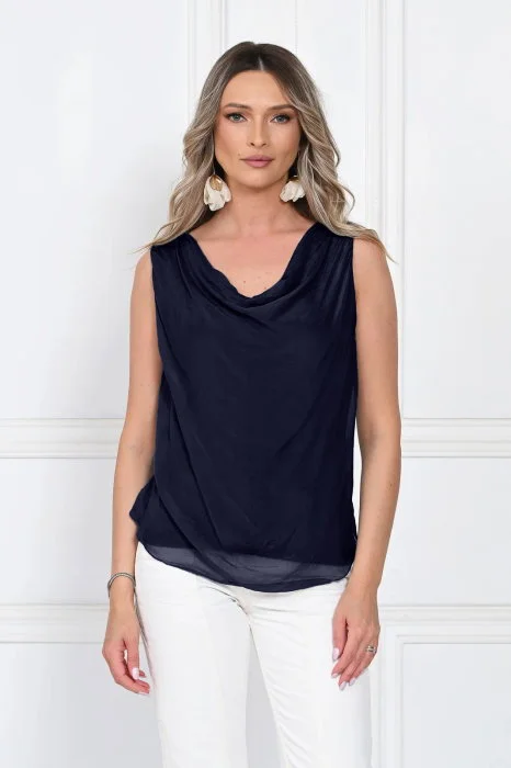 Top dama elegant lejer cu decolteu drapat si croi fluid, negru