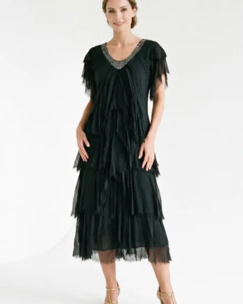 Rochie lunga din matase cu volane suprapuse asimetrice si paiete fine la decolteu, neagra