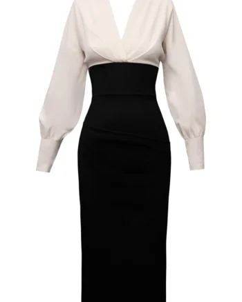 Rochie midi cu drapaje pe bust Lunaria, Negru/Bej deschis