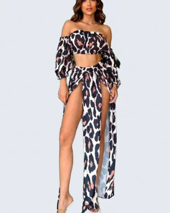 Compleu plaja Naila fusta si top scurt, Spots, Bej/Negru, Marime universala S/M