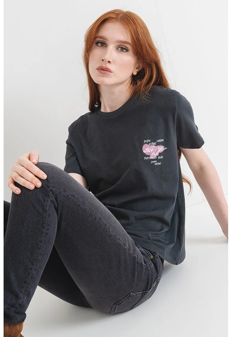 Tricou de bumbac Babs, Gri inchis melange/Roz prafuit