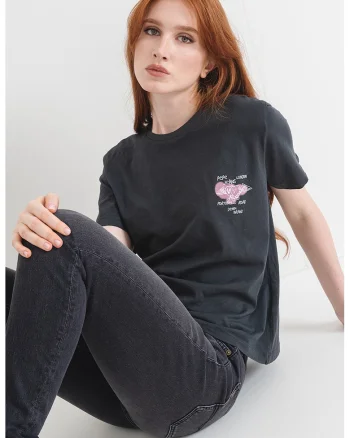Tricou de bumbac Babs, Gri inchis melange/Roz prafuit