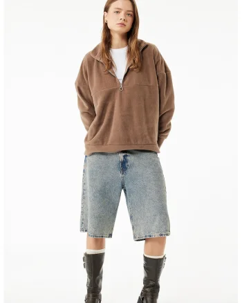 Bluza de trening cu fermoar si maneci cazute, Caramel
