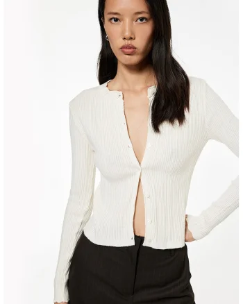 Cardigan slim fit striat, Alb fildes