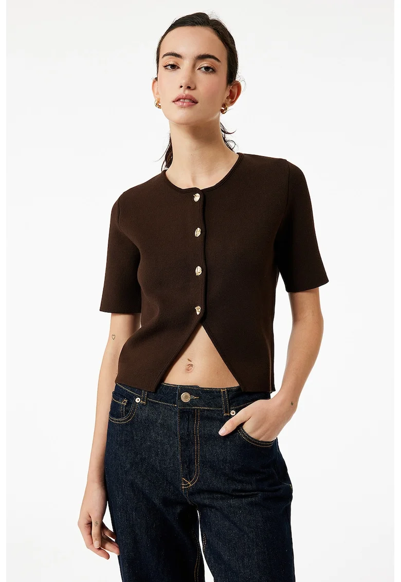 Pulover crop cu decolteu la baza gatului, Maro inchis