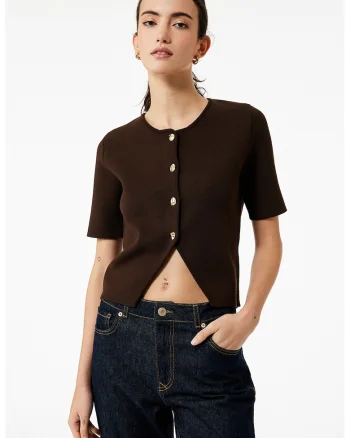 Pulover crop cu decolteu la baza gatului, Maro inchis