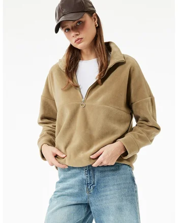 Bluza de trening cu fermoar si maneci cazute, Maro nisip