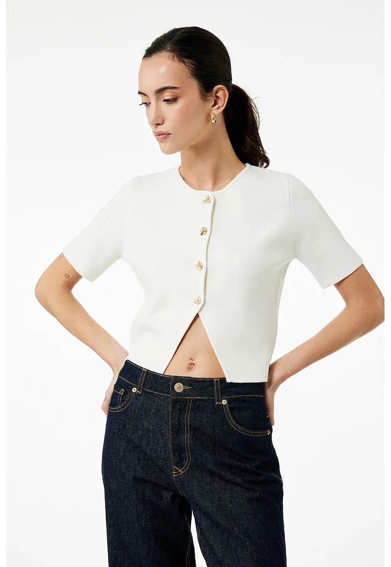 Pulover crop cu decolteu la baza gatului, Alb fildes