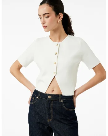 Pulover crop cu decolteu la baza gatului, Alb fildes