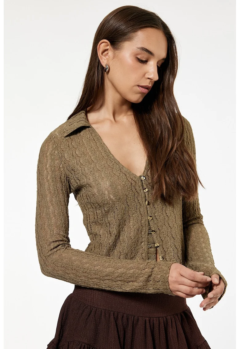 Cardigan crop cu nasturi, Maro nisip