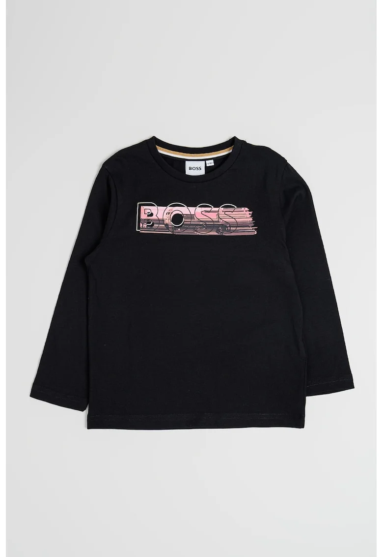Bluza din bumbac cu decolteu la baza gatului si logo, Negru/Roz deschis
