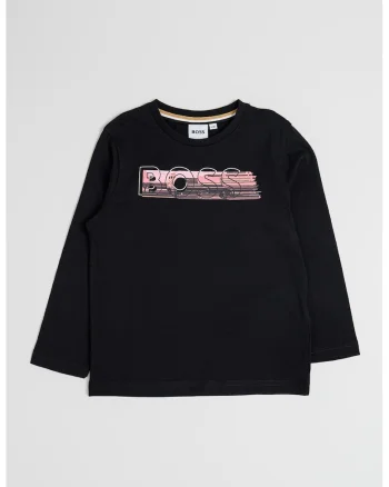 Bluza din bumbac cu decolteu la baza gatului si logo, Negru/Roz deschis