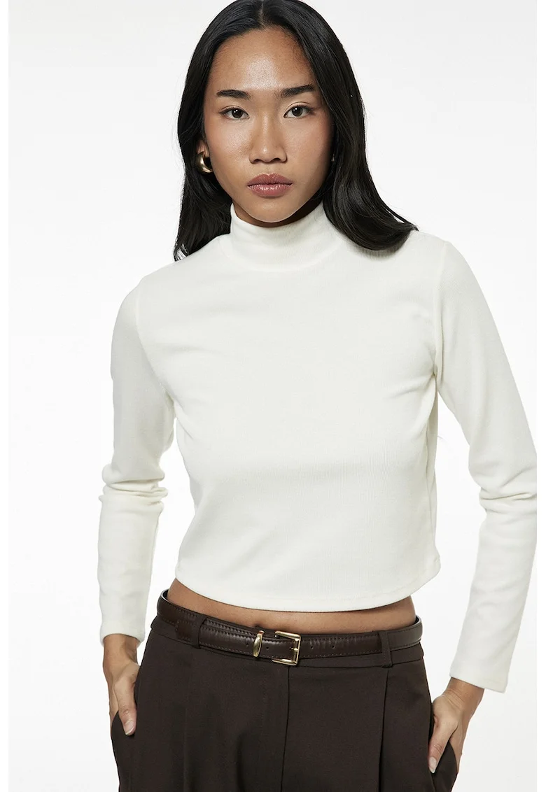 Bluza crop uni cu guler inalt, Alb murdar