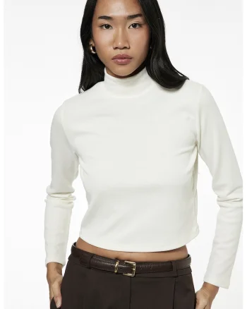 Bluza crop uni cu guler inalt, Alb murdar