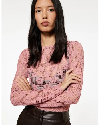 Bluza cu perforatii si model floral, Roz