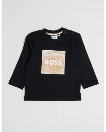 Bluza de bumbac cu decolteu la baza gatului si logo, Negru/Maro deschis