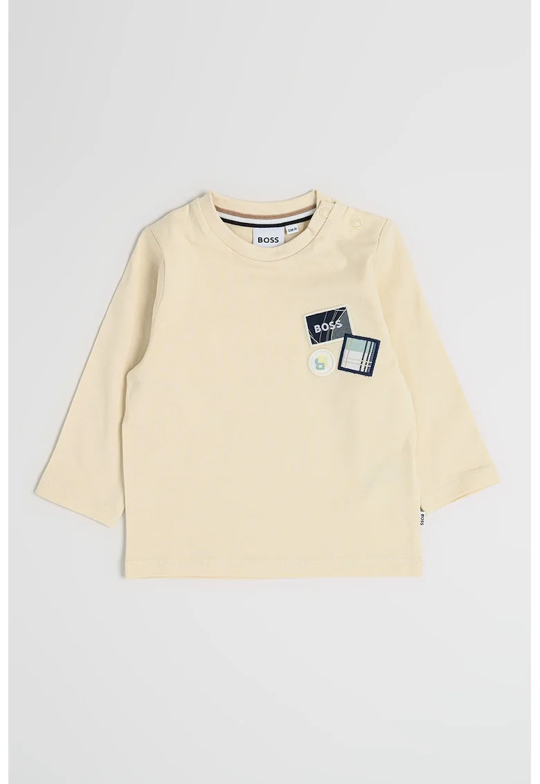 Bluza de bumbac cu decolteu la baza gatului si logo, Albastru ultramarin/Bej