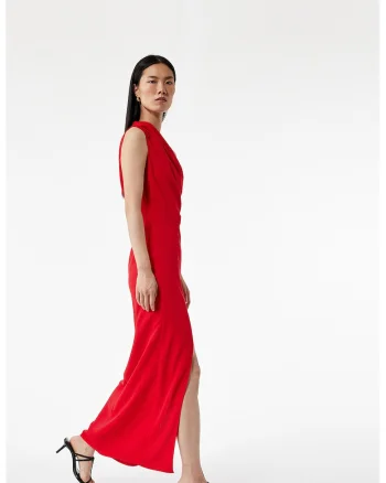 Rochie maxi cu decolteu pe un umar, Rosu vermillion