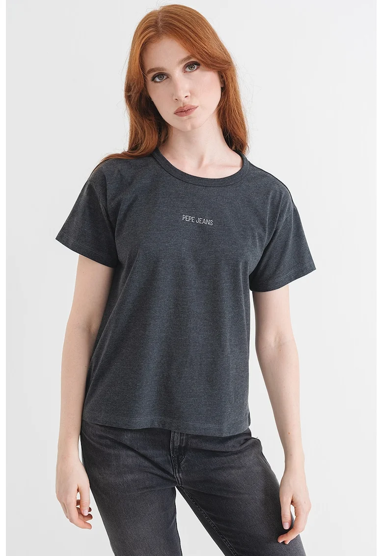 Tricou de bumbac cu decolteu la baza gatului, Gri inchis melange
