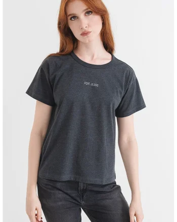 Tricou de bumbac cu decolteu la baza gatului, Gri inchis melange