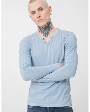 Jack&Jones, Bluza henley slim-fit de bumbac, Albastru glaciar
