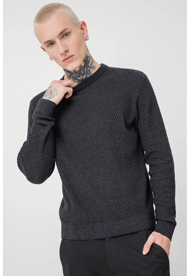 Pulover slim fit cu model texturat, Negru melange