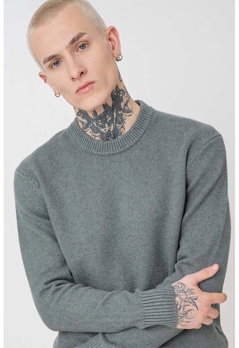 Pulover uni din amestec de bumbac cu decolteu la baza gatului, Verde aquamarin
