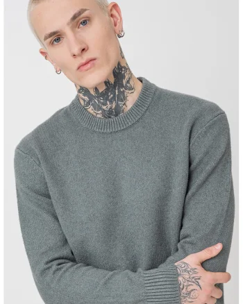 Pulover uni din amestec de bumbac cu decolteu la baza gatului, Verde aquamarin