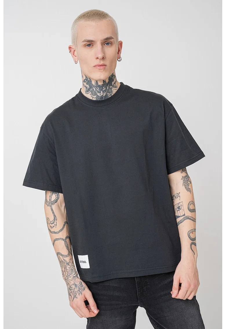 Tricou din bumbac cu imprimeu pe partea din spate si decolteu la baza gatului, Alb/Negru