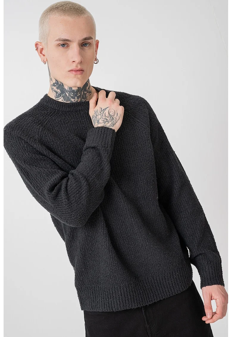 Pulover cu maneci raglan si decolteu la baza gatului, Negru stins