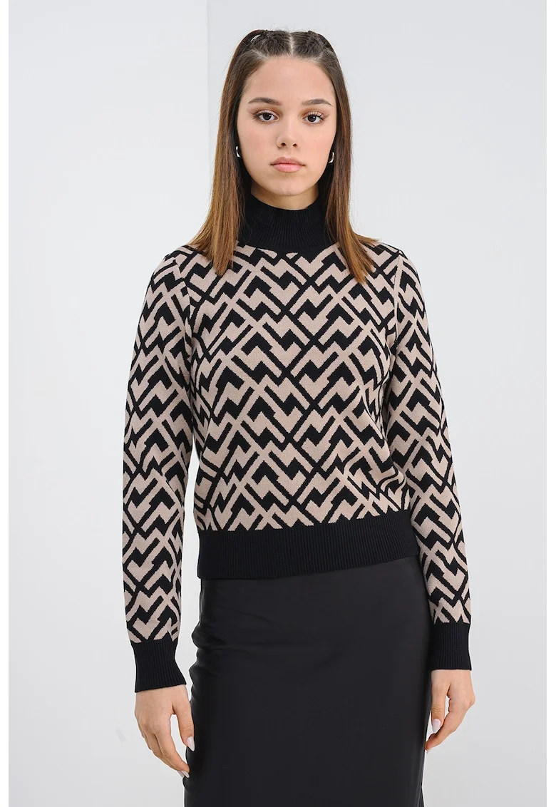 Pulover cu maneci lungi si model, Negru/Maro nisip
