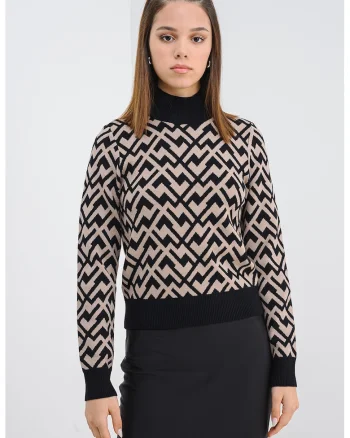 Pulover cu maneci lungi si model, Negru/Maro nisip