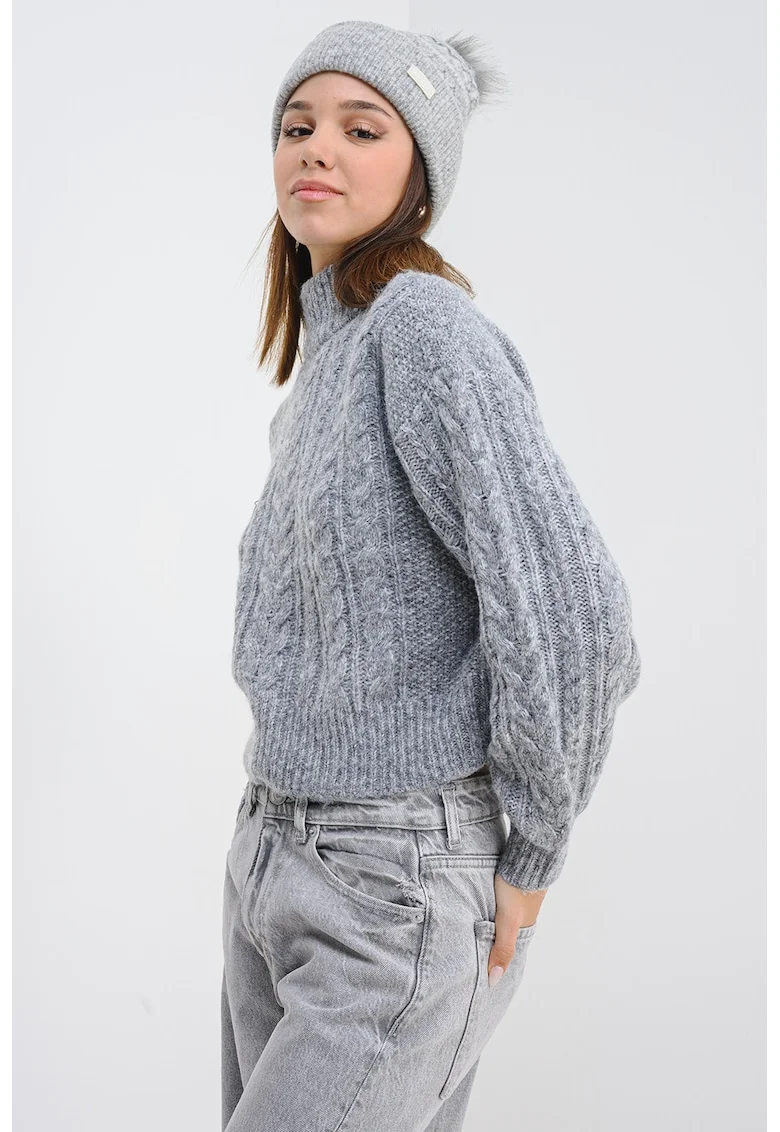 Pulover din amestec de lana cu detalii model torsade, Gri inchis melange