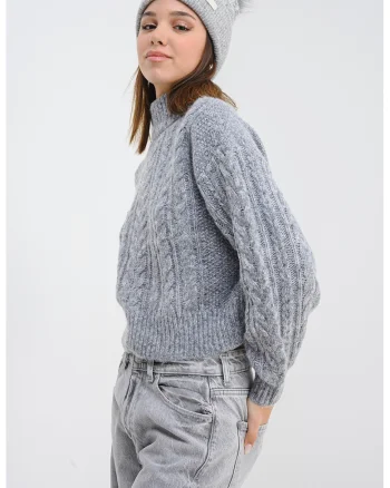Pulover din amestec de lana cu detalii model torsade, Gri inchis melange