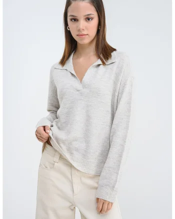 Pulover lejer cu guler polo, Bej melange