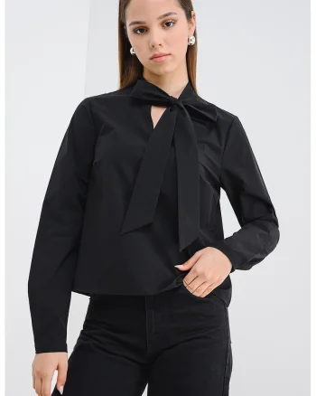 Bluza cu guler cu funde din panglici Solona, Negru