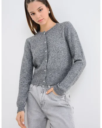 Cardigan din tricot cu nasturi, Gri inchis melange