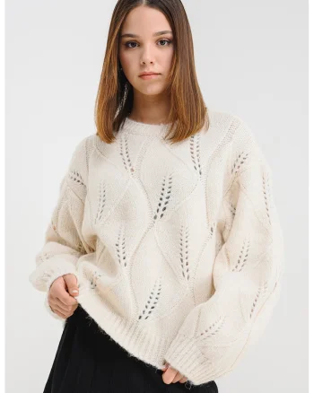 Pulover uni cu model pointelle, Alb fildes