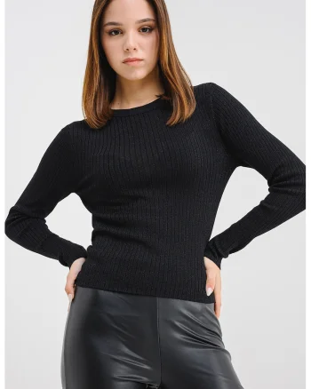Pulover slim fit cu striatii si detalii stralucitoare, Negru melange