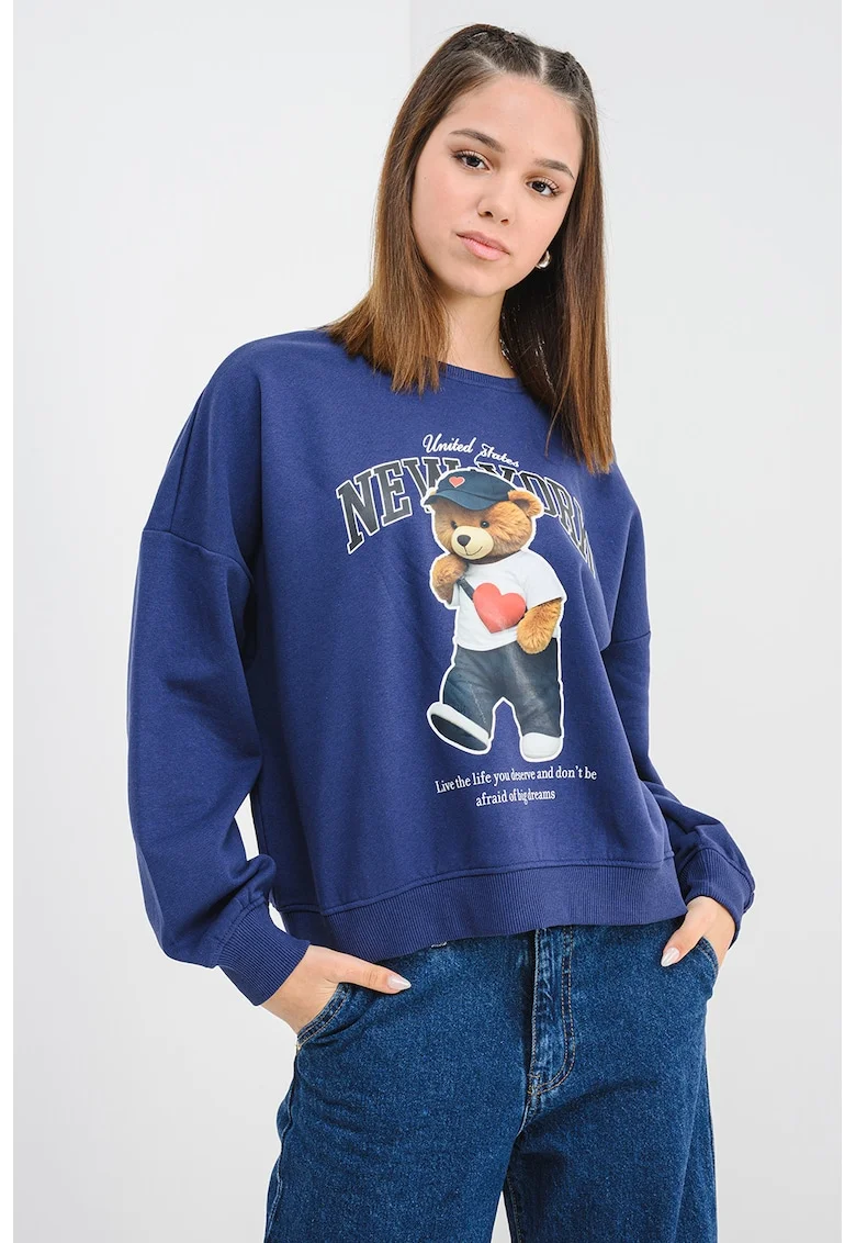 Bluza de trening din amestec de bumbac cu imprimeu cu ursulet, Alb/Negru/Bleumarin