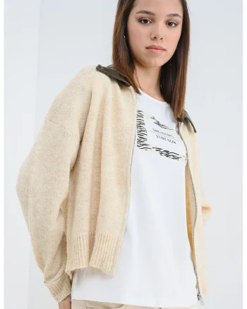 Cardigan din amestec de lana cu fermoar si maneci cazute, Crem