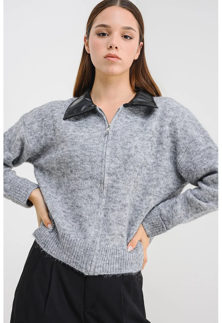 Cardigan din amestec de lana cu fermoar si maneci cazute, Gri melange