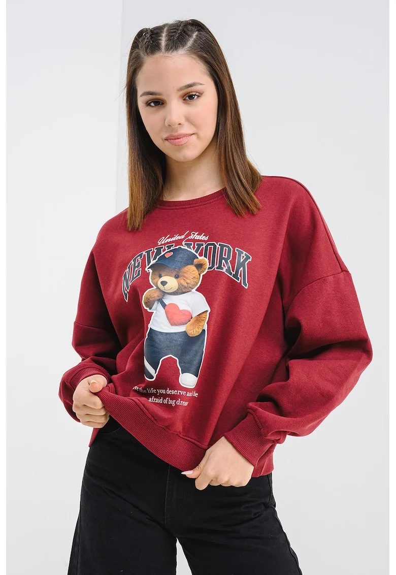 Bluza de trening din amestec de bumbac cu imprimeu cu ursulet, Visiniu/Maro/Bleumarin