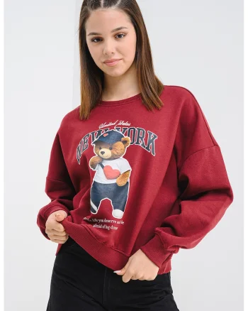 Bluza de trening din amestec de bumbac cu imprimeu cu ursulet, Visiniu/Maro/Bleumarin