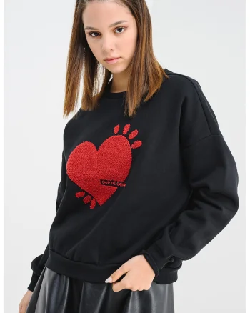 Bluza de trening cu croiala lejera si aplicatie inima, Rosu/Negru